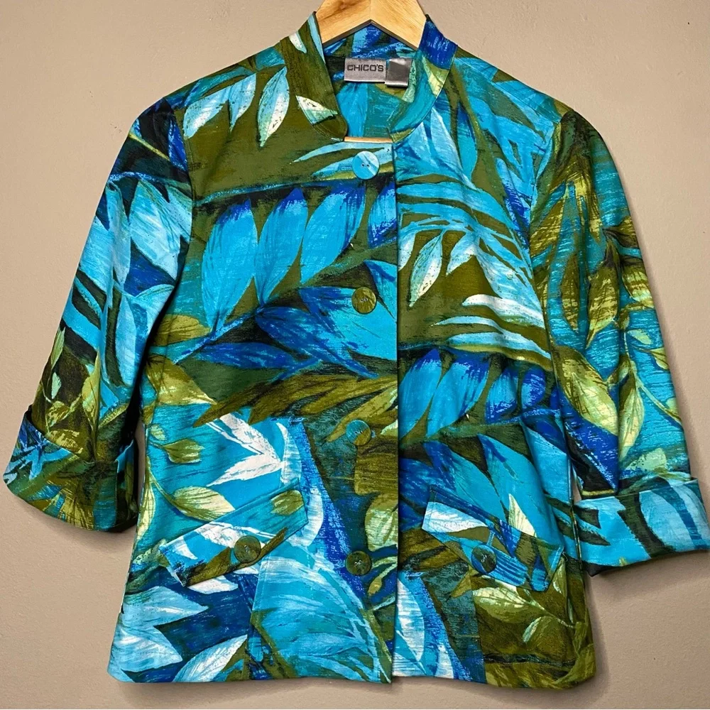 Chico’s Jacket Blazer Women Medium Blue Green Floral Tropical 3/4 Cuffed Sleeve